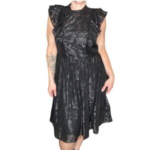 H&M Black Jacquard Dress size 10 12 M/L Ruffles Goth Emo Wednesday
